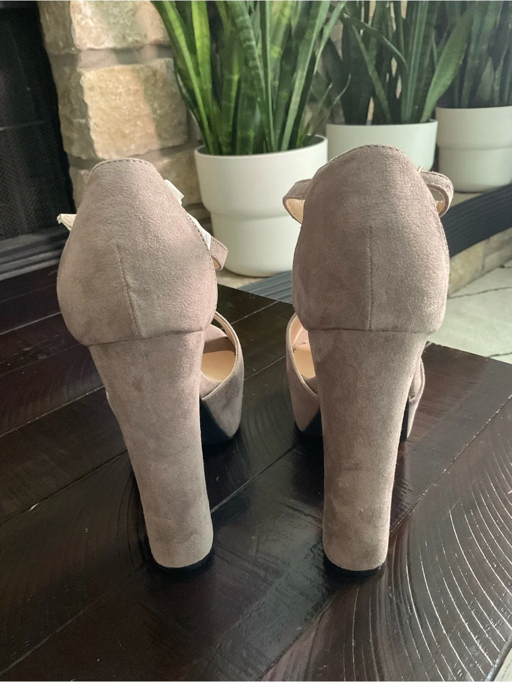 Qupid Taupe Suede Platform T-Strap Block Heels